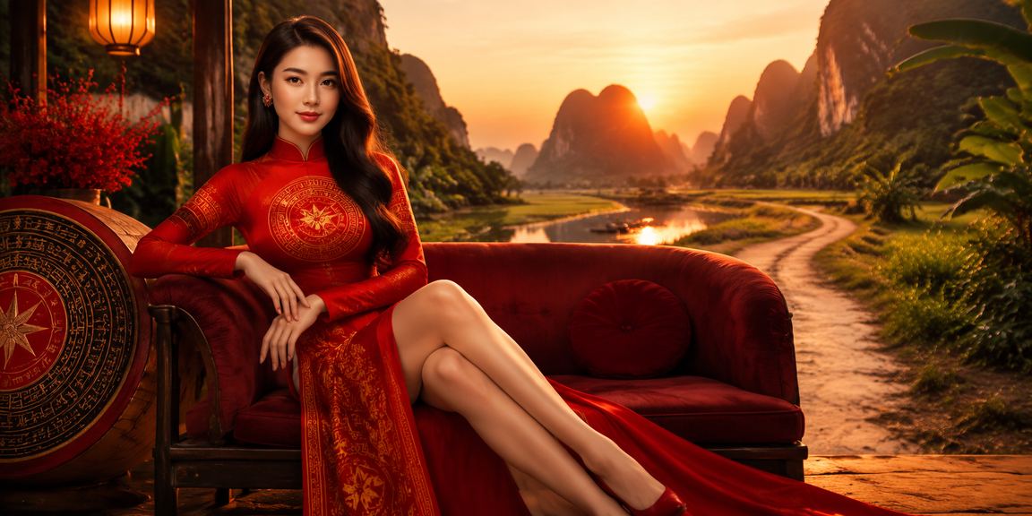 Người dùng tại Ninh Bình trong trang phục áo dài đăng ký nhận thưởng trực tuyến trên điện thoại